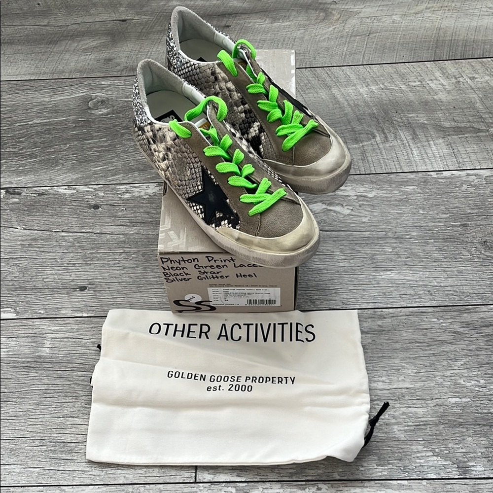 New Golden Goose Women's Python Print Sneakers with Green Laces Ret 895 SZ38